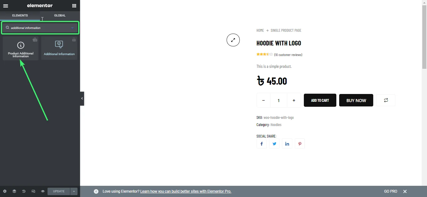 Search for additional information widget of ShopEngine on Elementor
