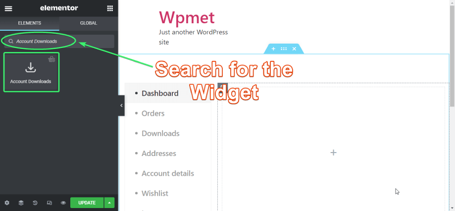 search for account downloads widget of shopengine on elementor