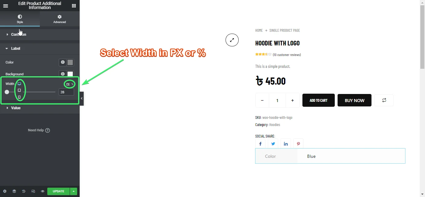 select the width of additional information label