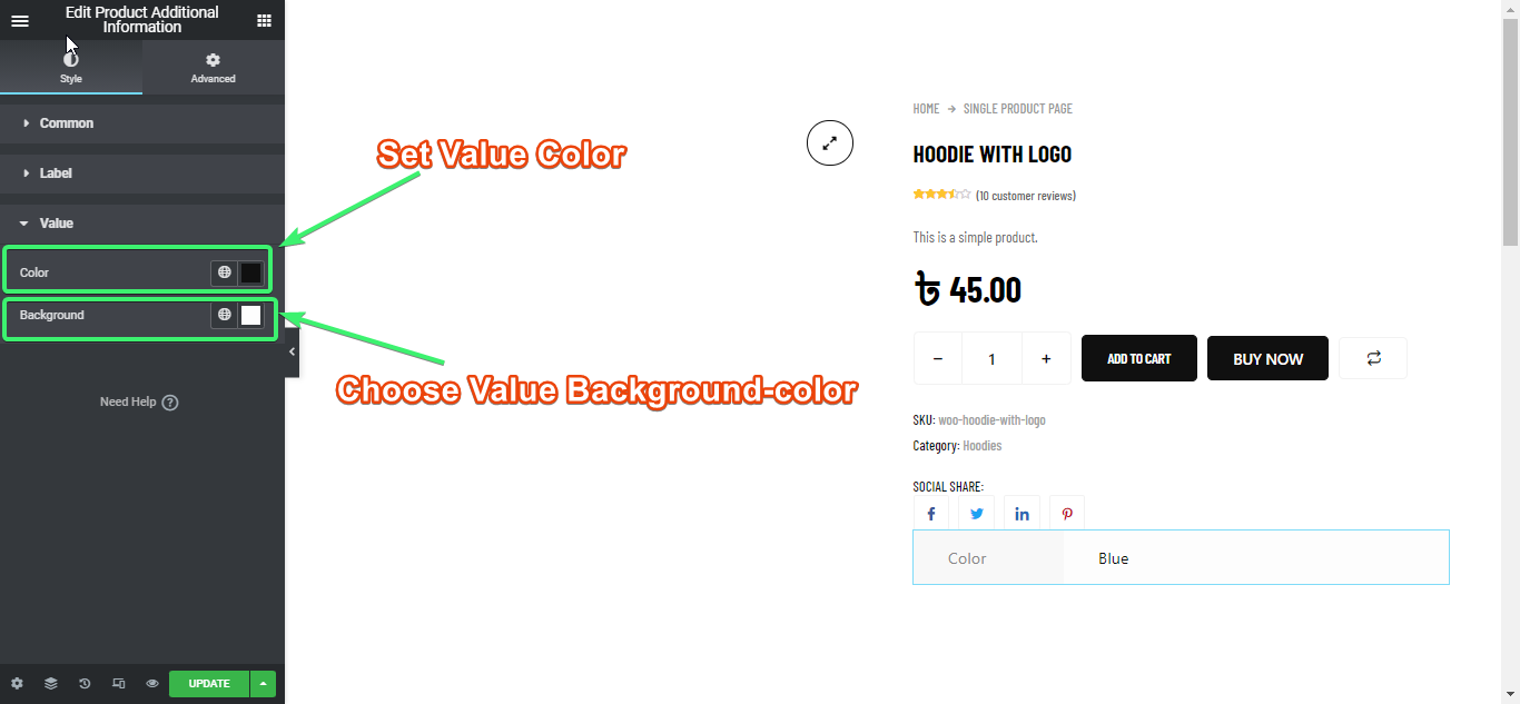 customize the value style of the product additional information widget of ShopEngine