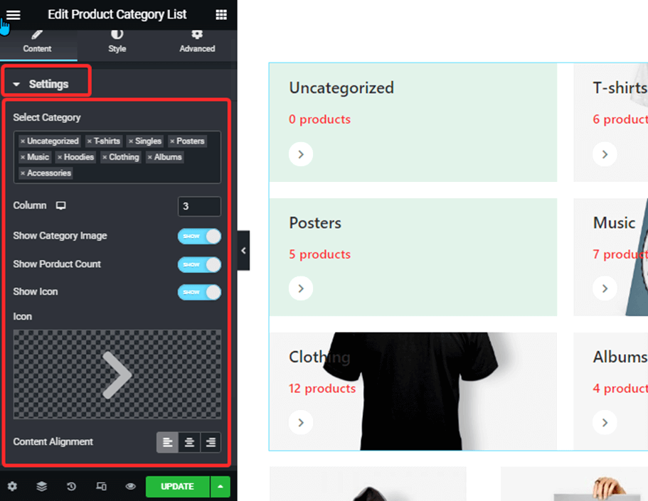 settings configuration product category list