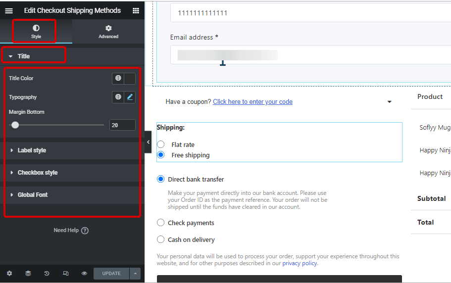 configuración de estilo pagar métodos de envío