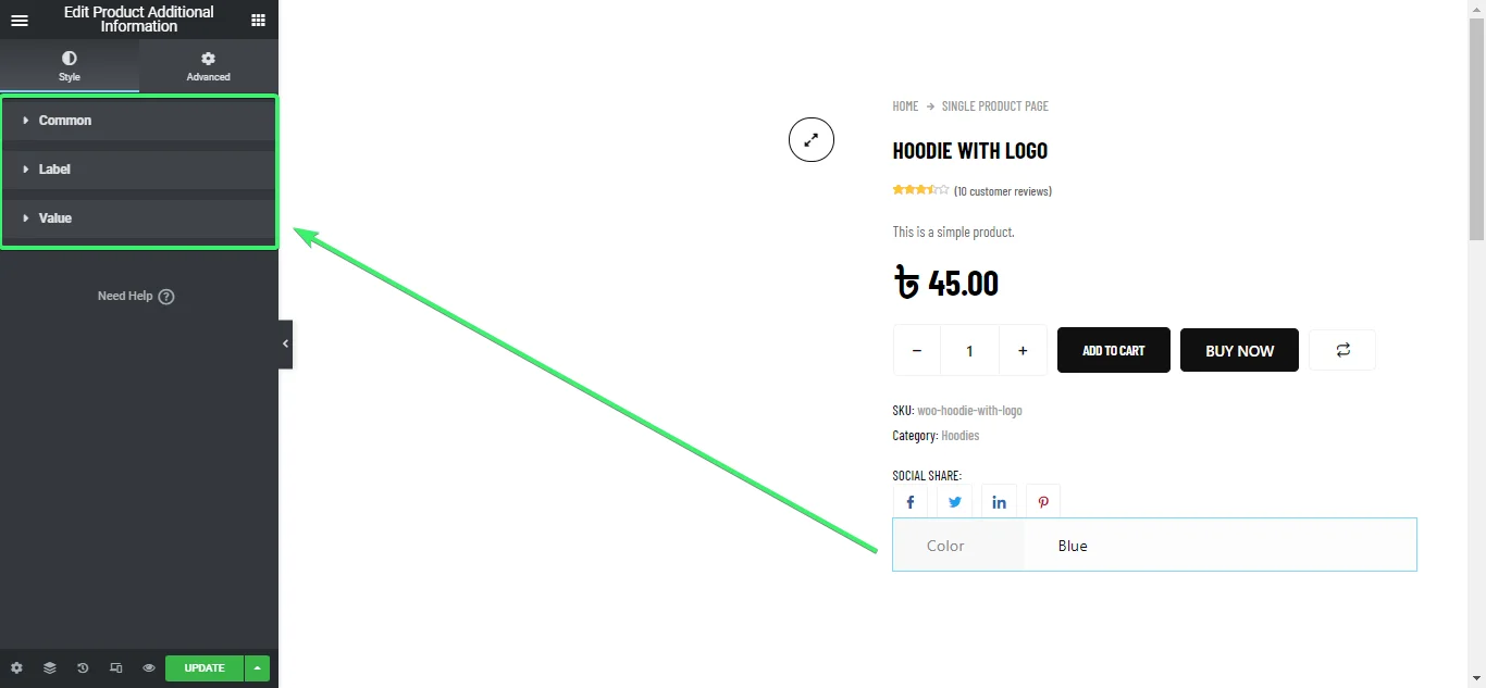 style settings tab of additional information widget