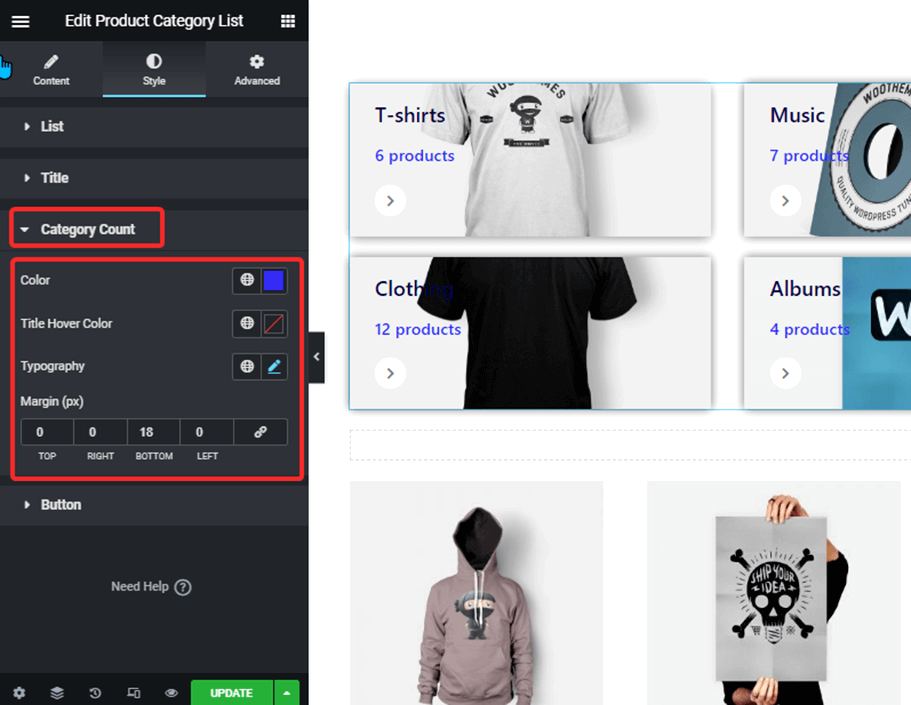 style settings of category count product category list