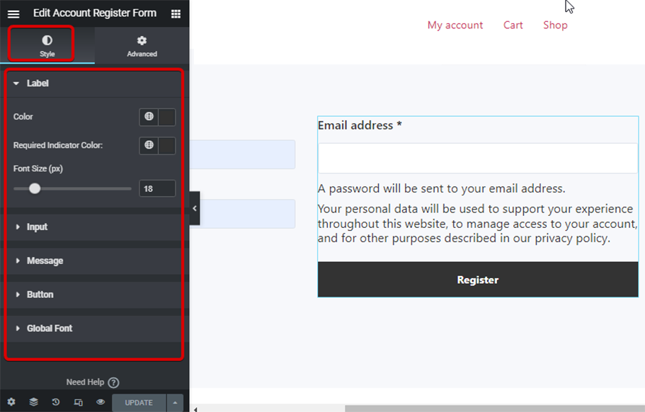 style settings account form register