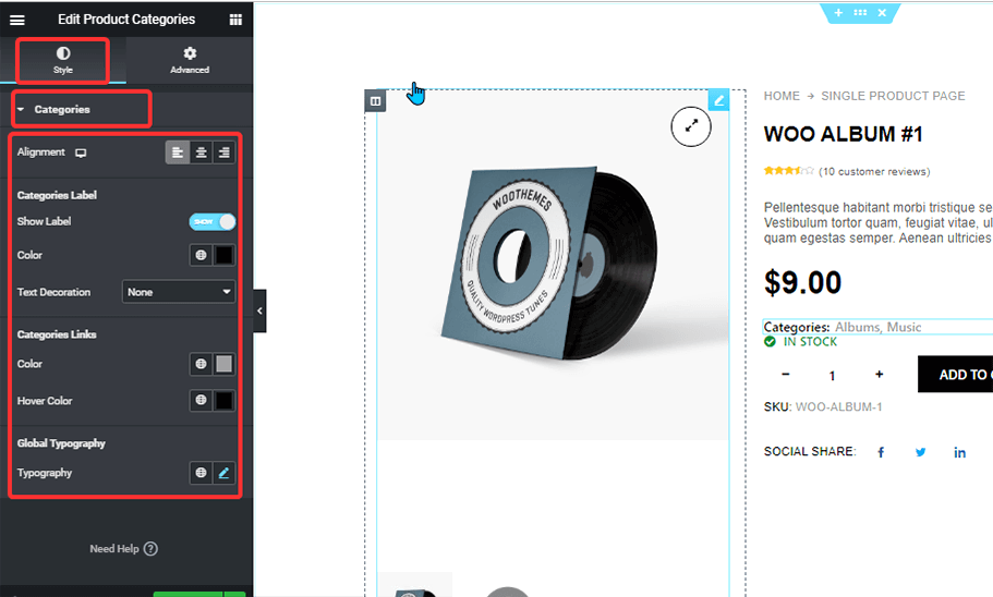 style settings product categories