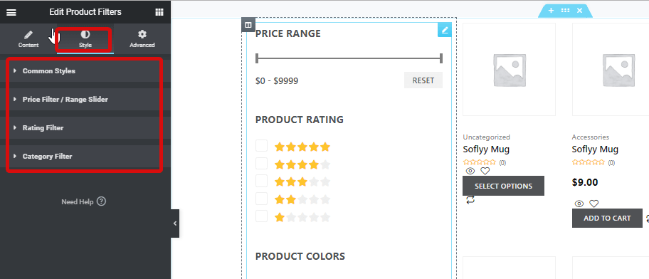 style settings product filters