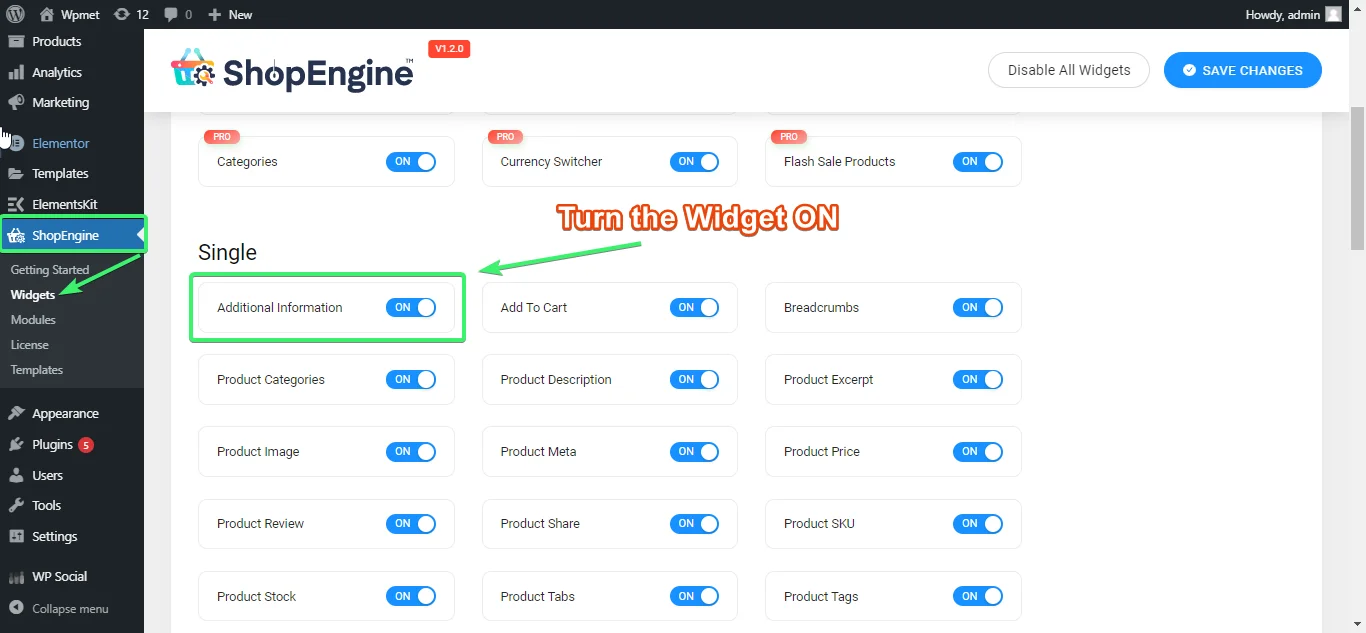 Turn the Additional Information widget of ShopEngine ON