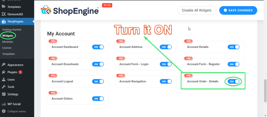 turn on account order details from my account widgets