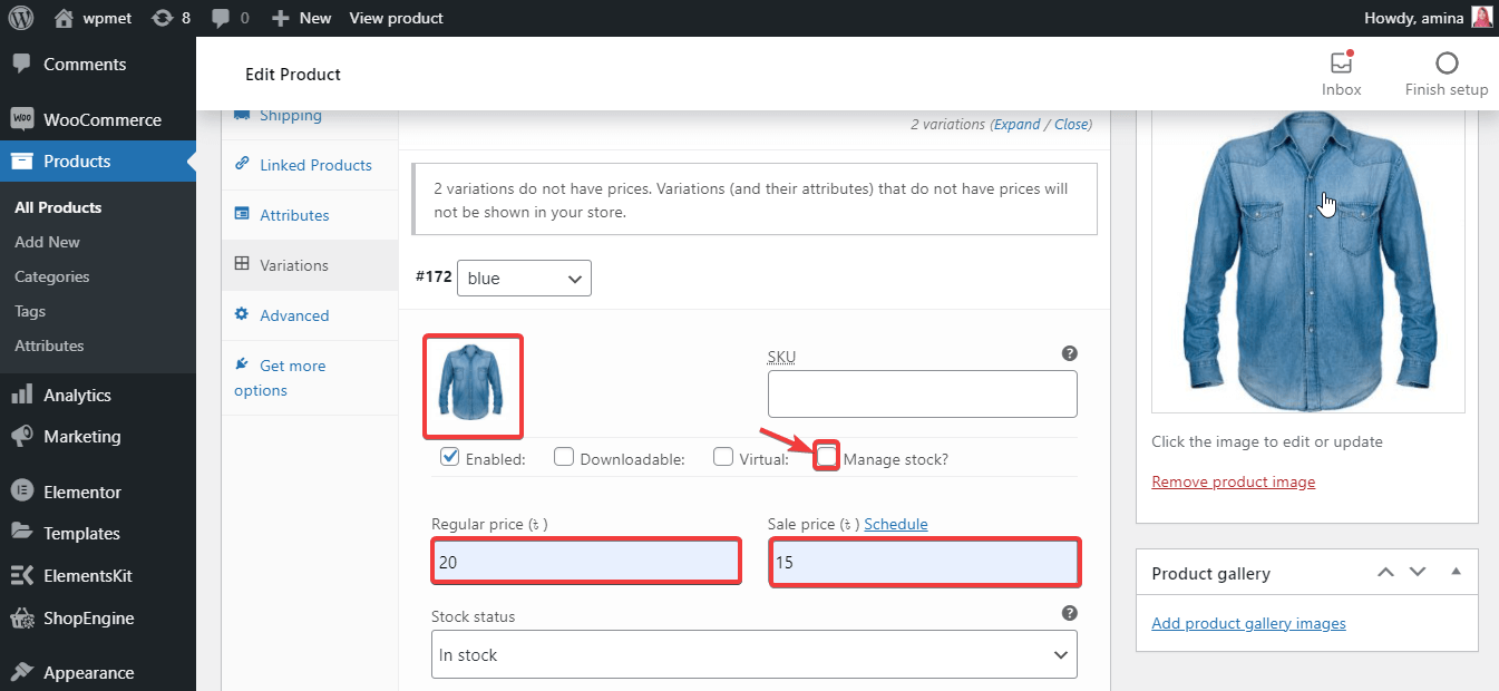 Edit product to add variations with ShopEngine