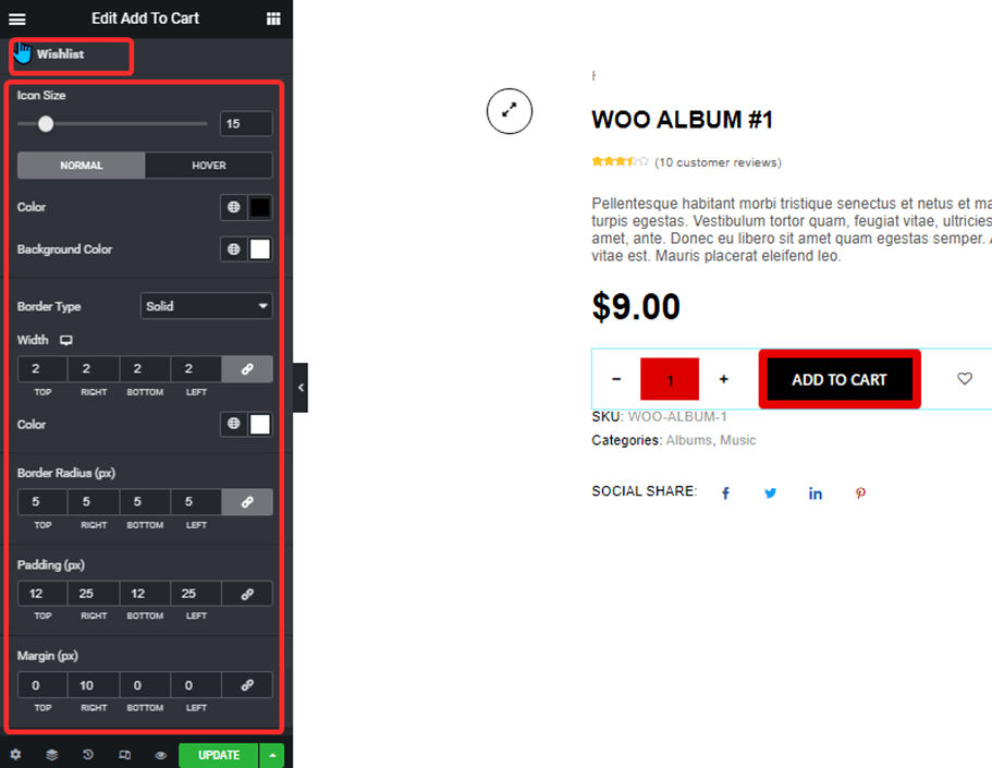 Wishlist style settings of add to cart widget