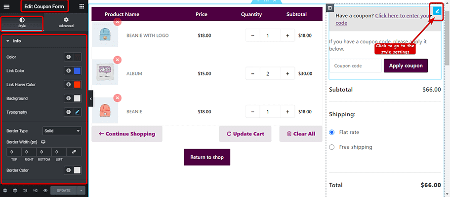 Coupon form Style Settings