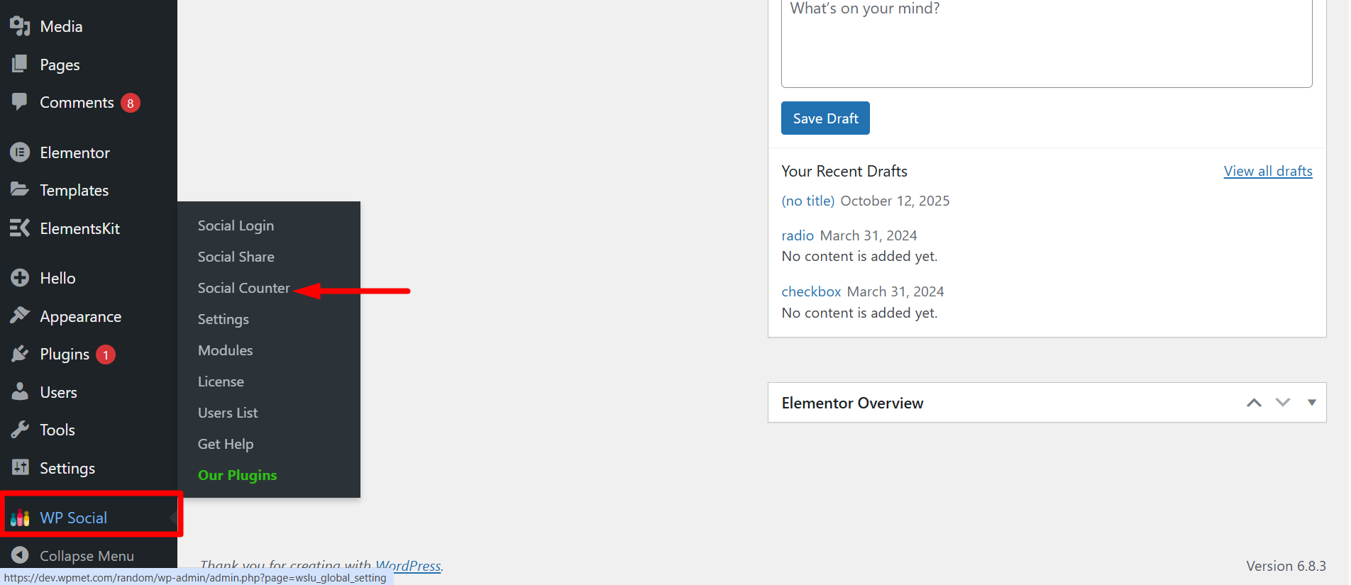 Trova WP social sulla dashboard
