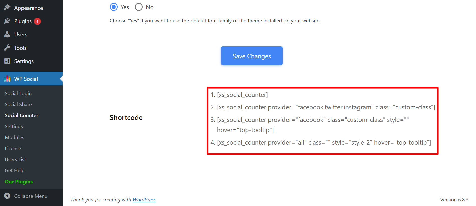 Shortcode in mostra per il contatore social