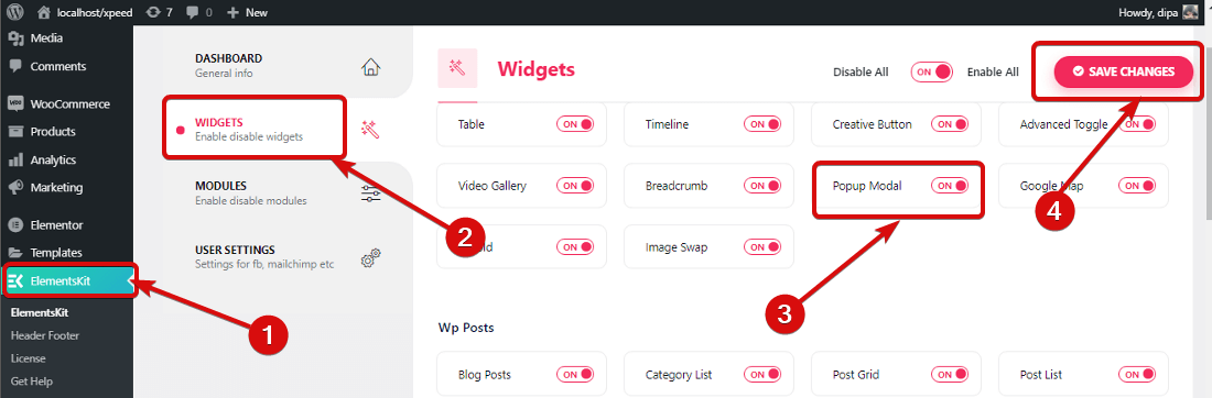Turn on and save popup modal widget by ElementsKit