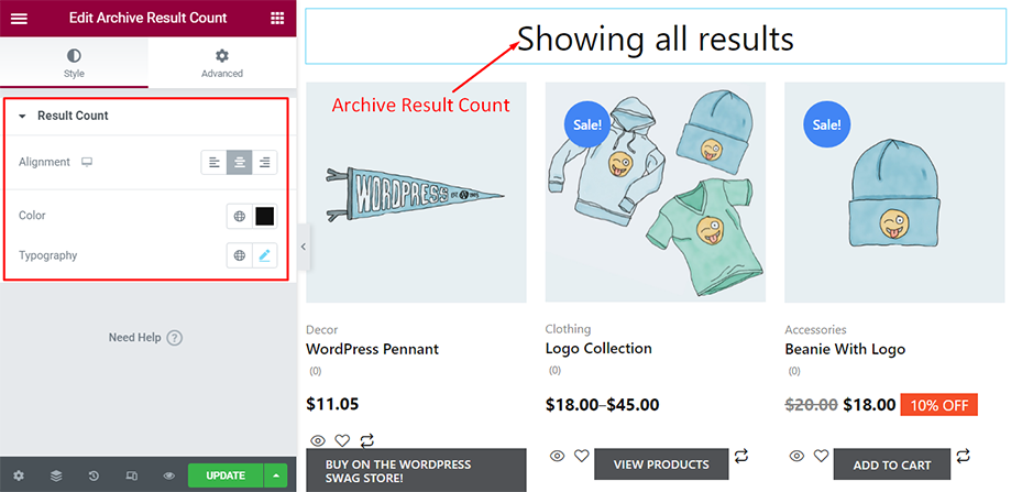 Archive result count on display with result count section