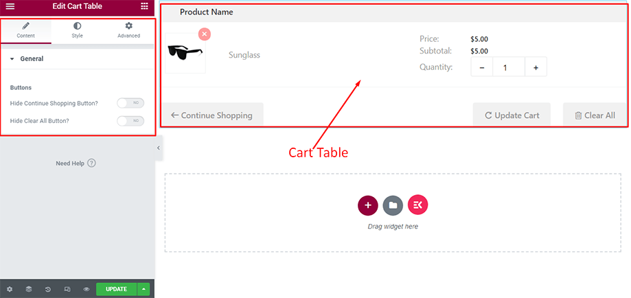 Cart table on display with general section under content tab