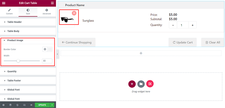 Cart table on display with product image section under style tab