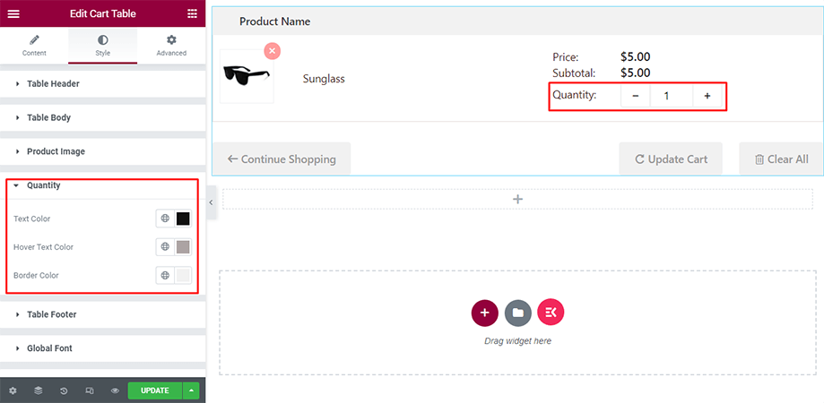 Cart table on display with quantity section under style tab