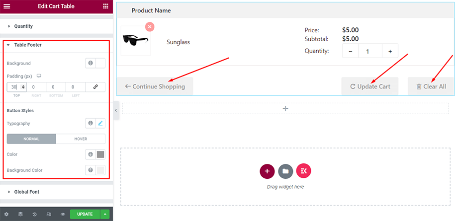 Cart table on display with table footer section under style tab