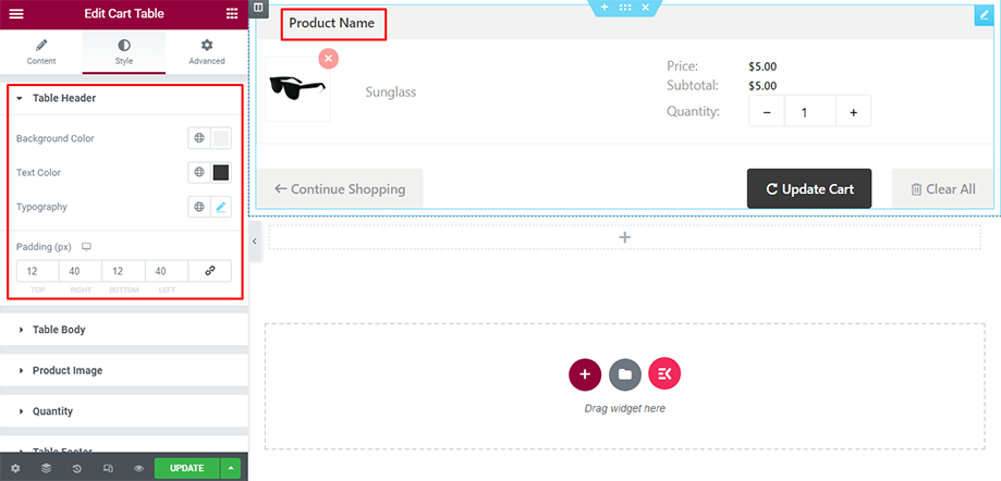 Cart table on display with table header section under style tab