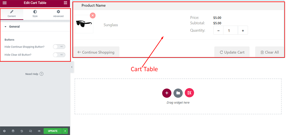 Cart table on display under content tab