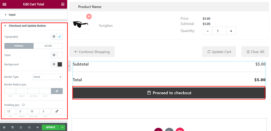Cart total on display with checkout and update button section
