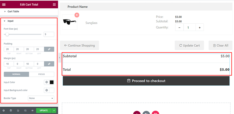 Cart total on display with input section