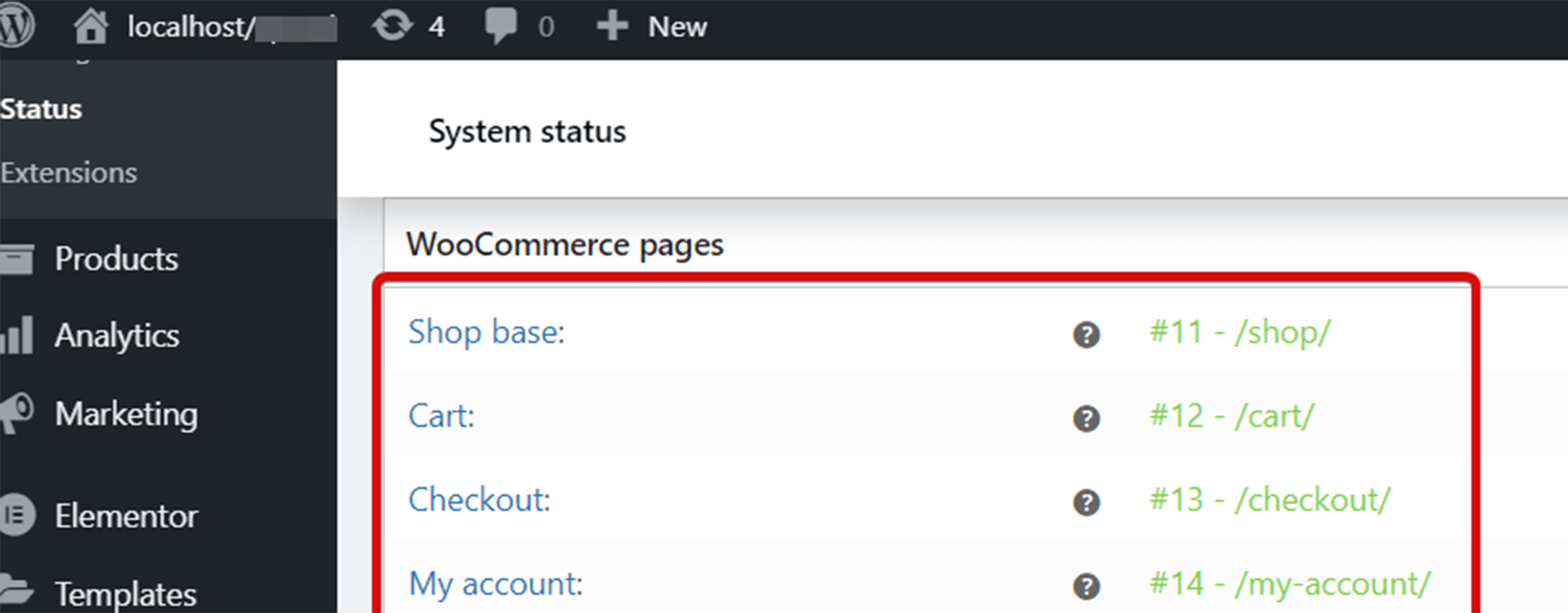 Check WooCommerce Page status