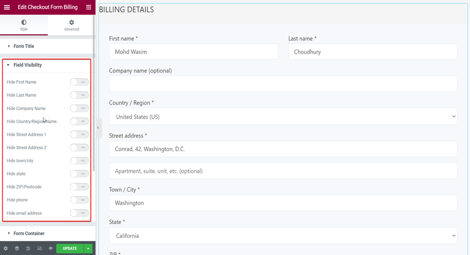 Checkout form- billing with field visibility section