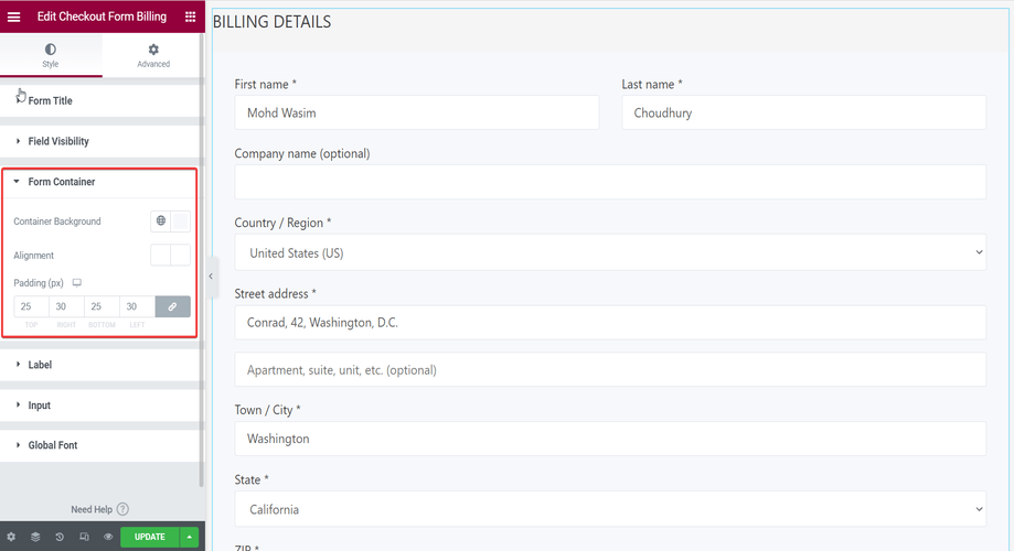 Checkout form- billing with form container section