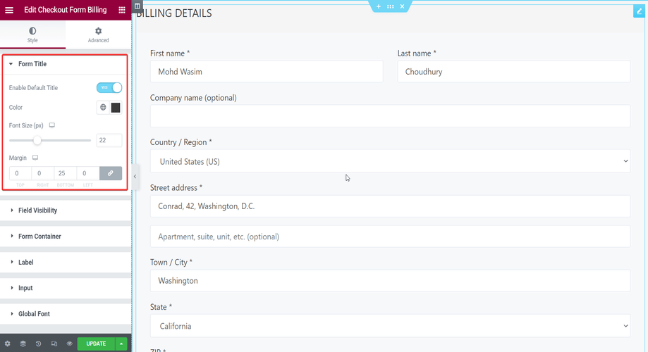 Checkout form- billing with form title section 