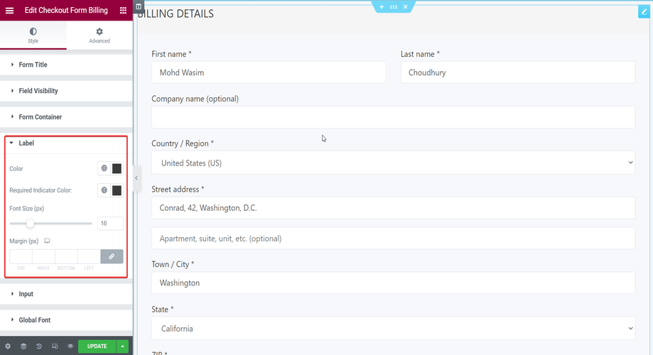 Checkout form- billing with label section