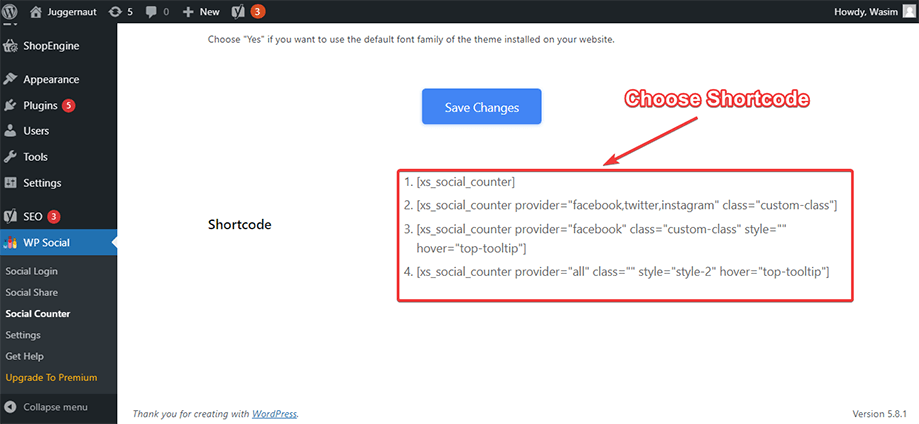 Shortcodes on display for social counter