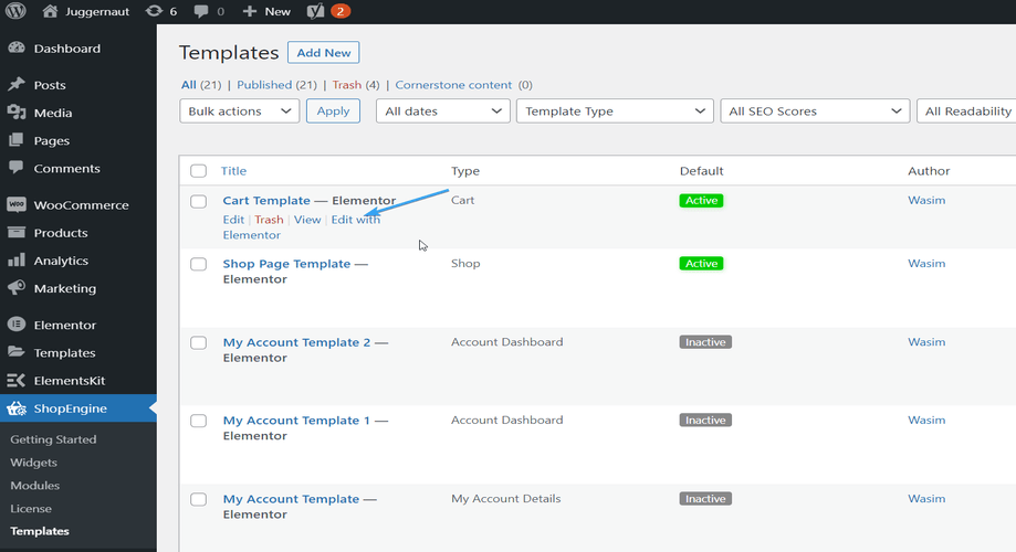 Click edit with elementor to switch to elementor window for cart page
