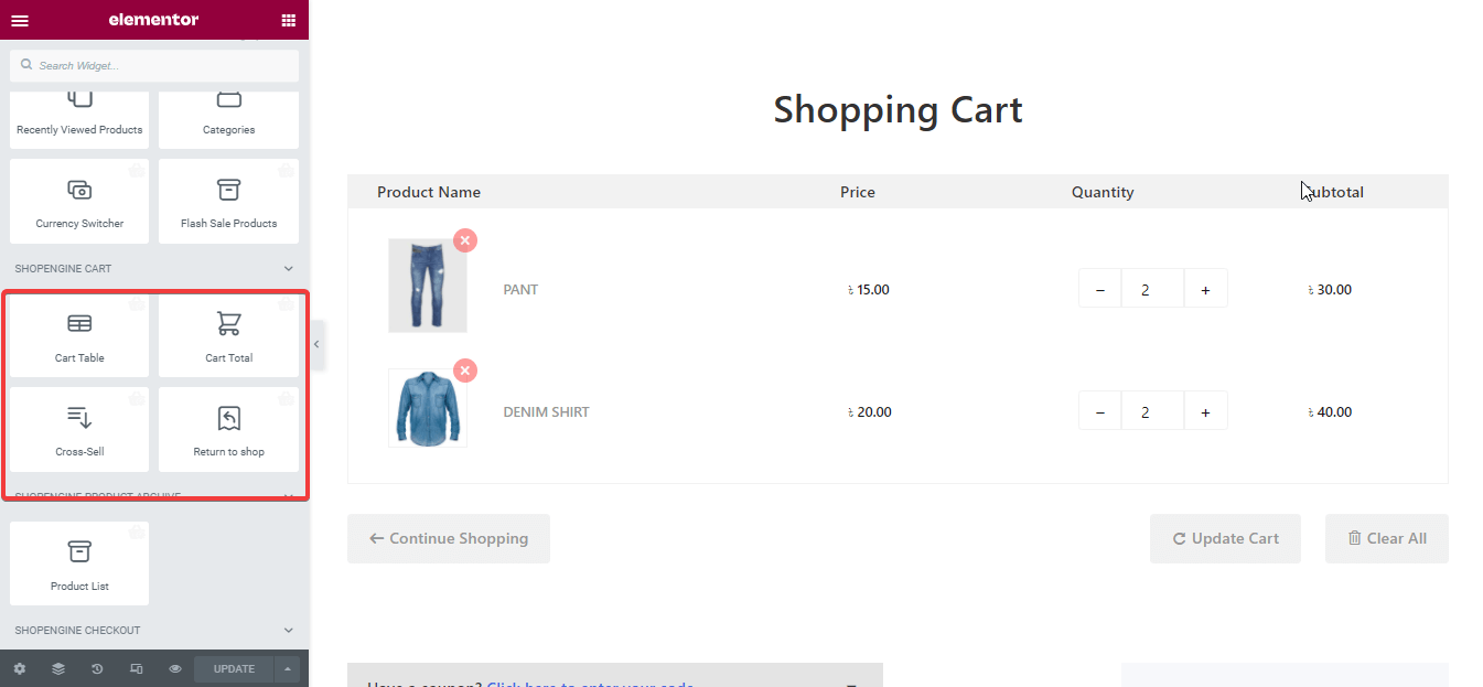 Customize cart page with cart page widgets