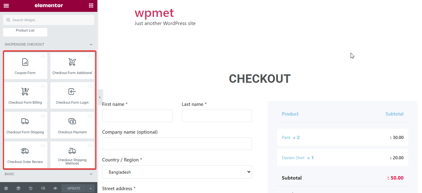 Checkout page customization with checkout widgets