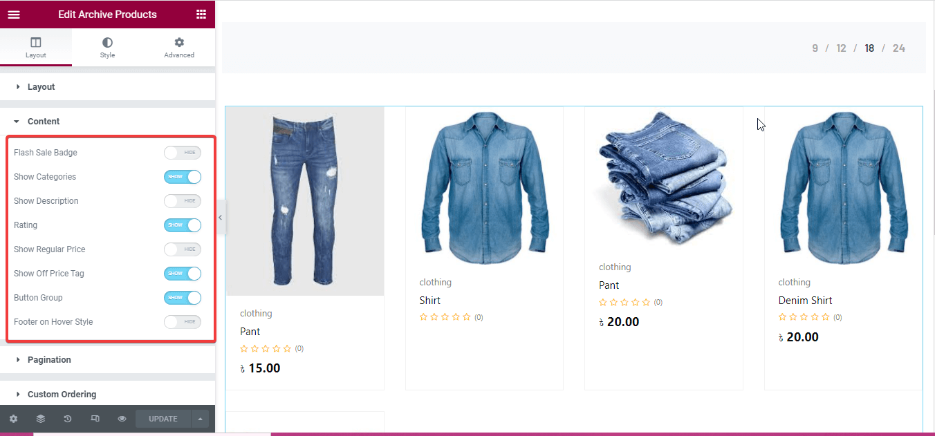 Edit content of the eCommerce website shop page