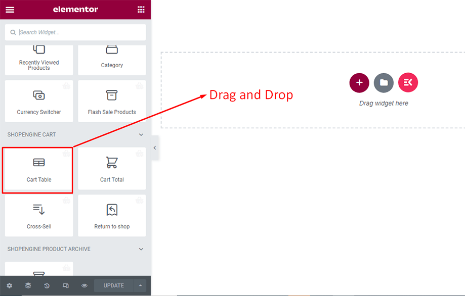 Drag and drop cart table widget