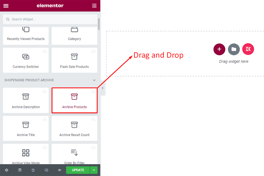 Drag and drop archive products widget for showing archive description