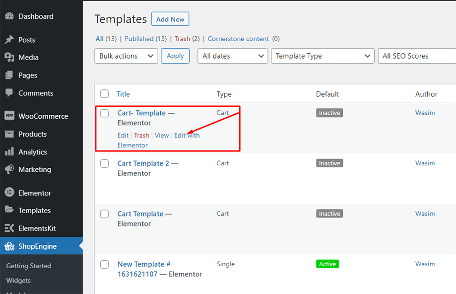 Edit with elementor for cart table widget