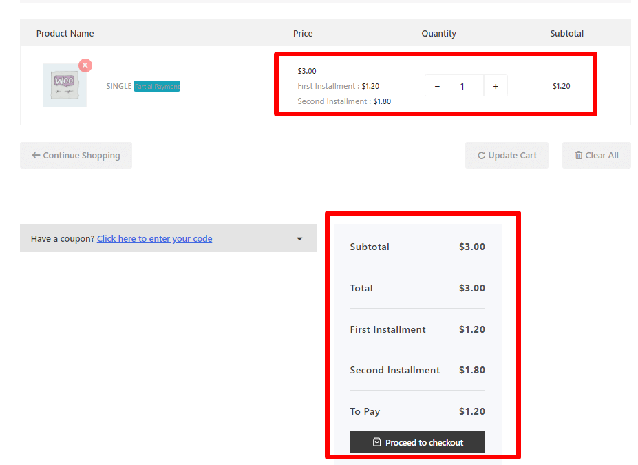 how to check partial payment cart page