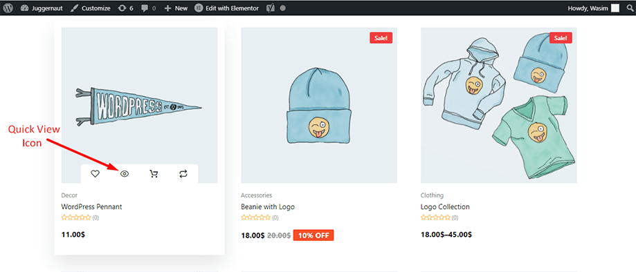 Preview the quick view icon on the website shop page