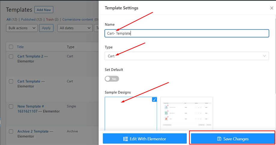 Set cart template for cart table widget