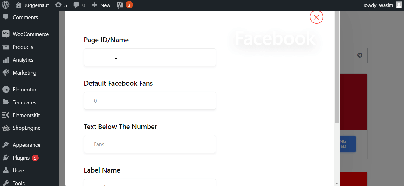 Set the fields of Facebook section