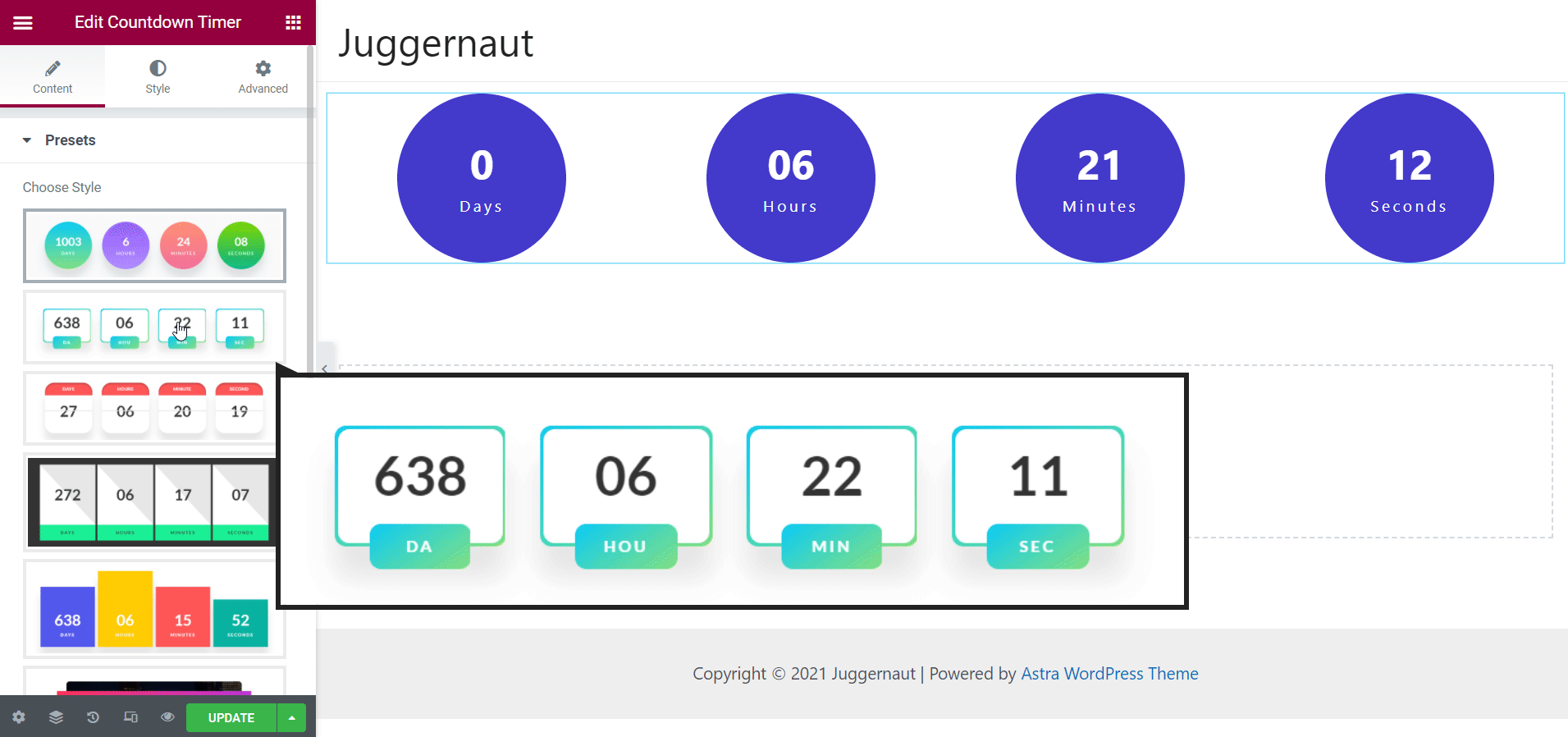 Customize the countdown timer content with presets