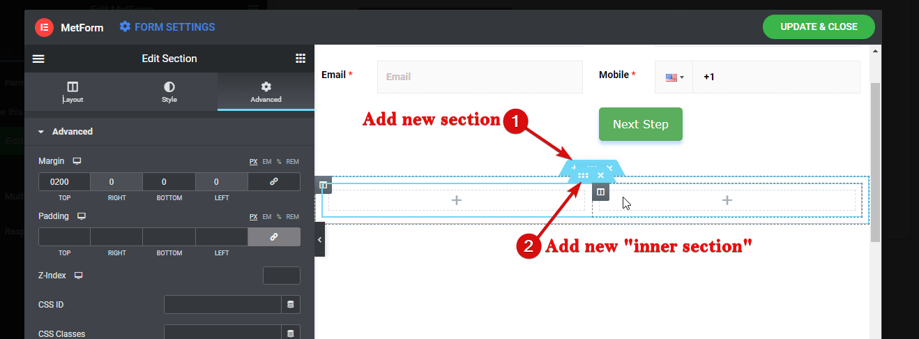 Add new inner section - second step multistep form wordpress