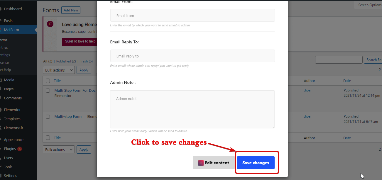 Click to save changes Multistep form WordPress