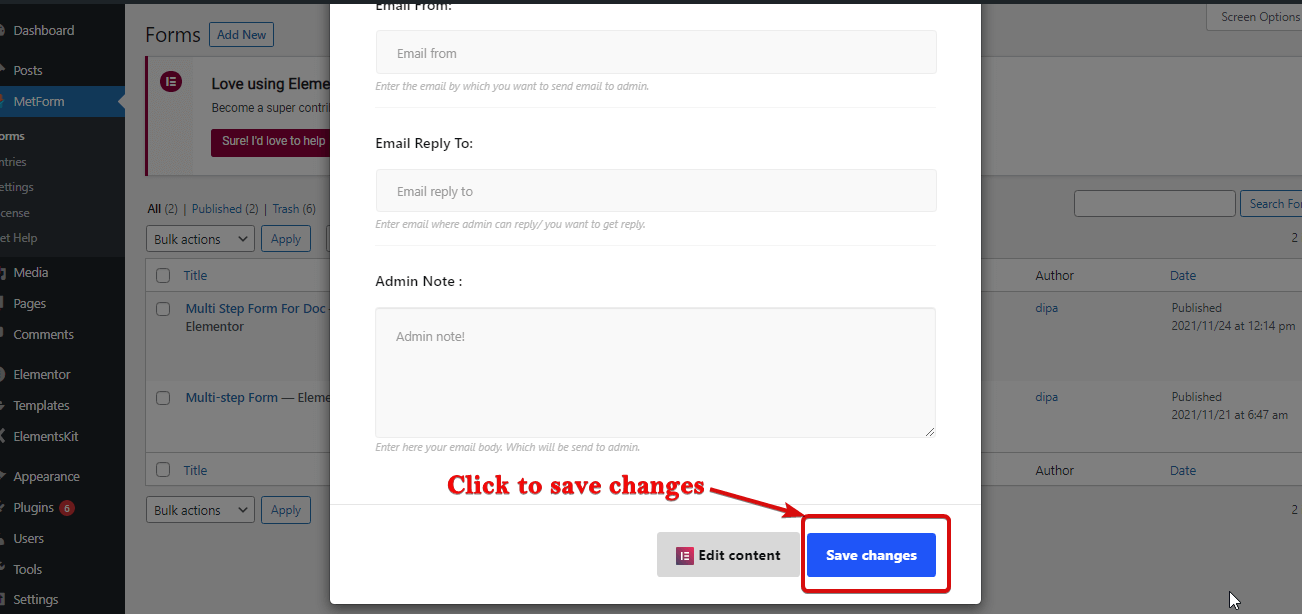 Klik for at gemme ændringer Multistep fra WordPress