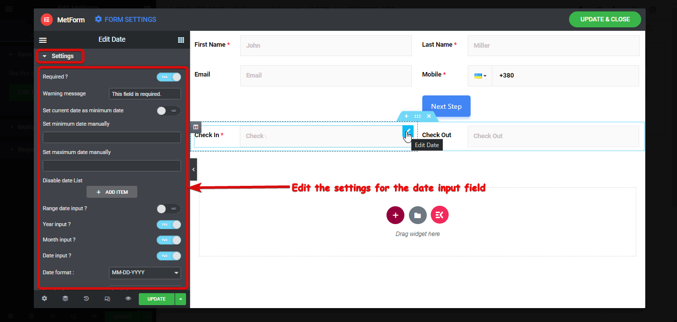 Date input field settings metform
